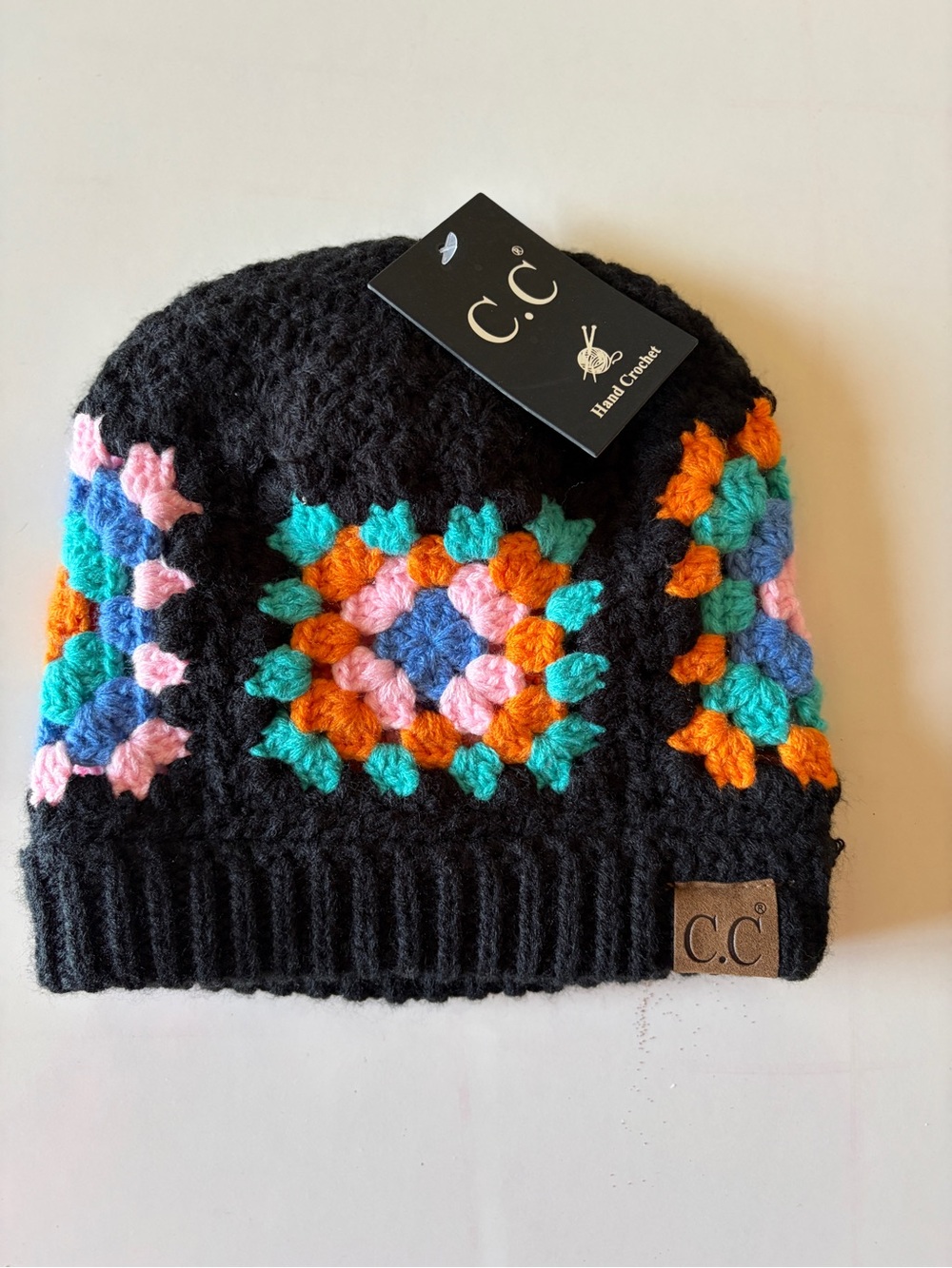 C.C. Crochet Granny Square Beanie Knit Hat Women's One Size black Multi NWT new